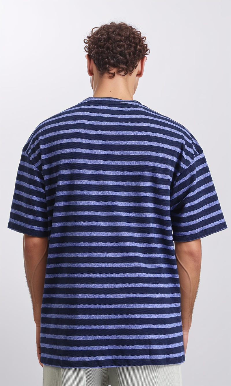 R208452 - Round Neck Striped Relaxed Tee - Navy Blue & Steel Blue