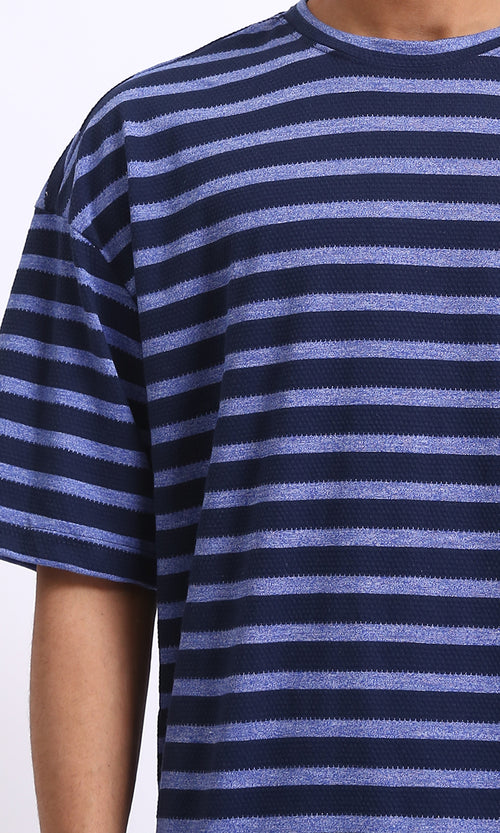 R208452 - Round Neck Striped Relaxed Tee - Navy Blue & Steel Blue