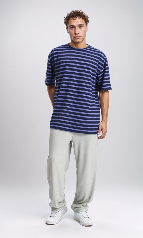 R208452 - Round Neck Striped Relaxed Tee - Navy Blue & Steel Blue