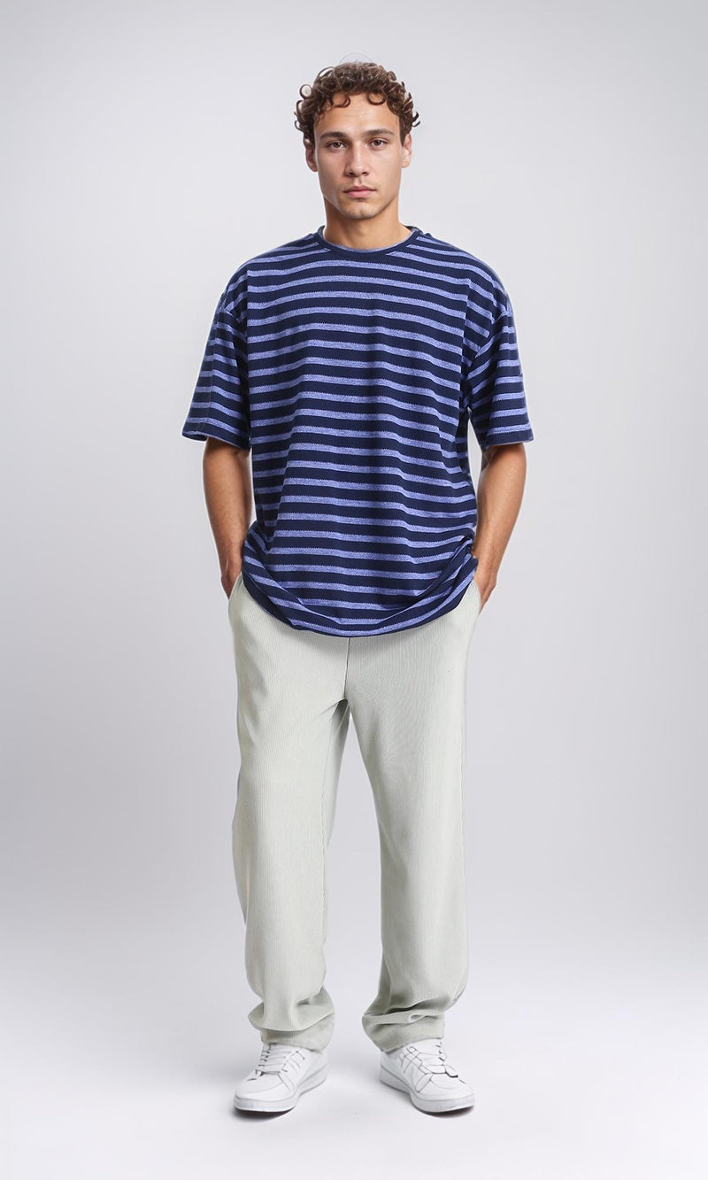 R208452 - Round Neck Striped Relaxed Tee - Navy Blue & Steel Blue