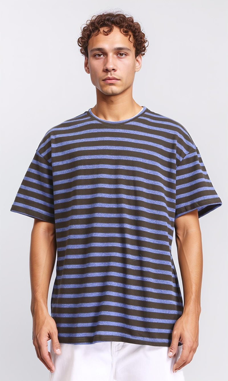R208453 - Round Neck Striped Relaxed Tee - Dark Brown & Steel Blue