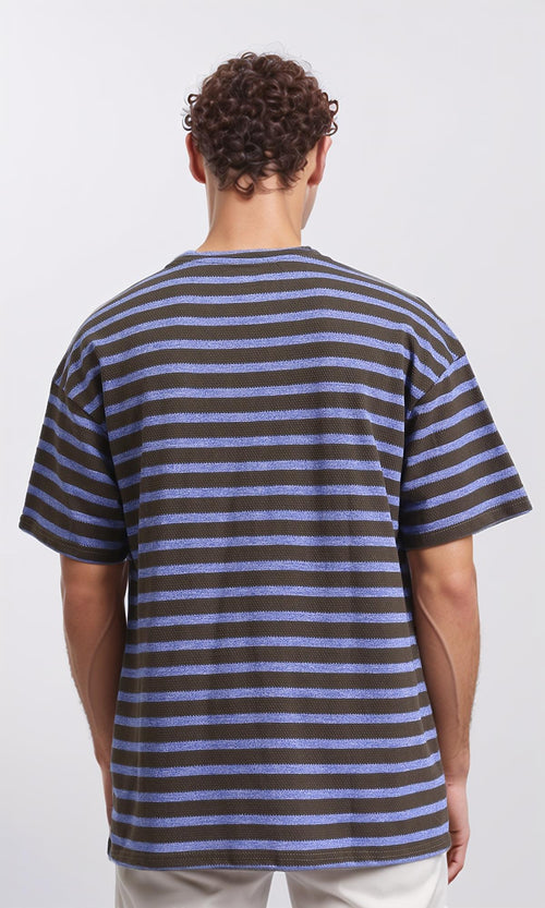 R208453 - Round Neck Striped Relaxed Tee - Dark Brown & Steel Blue