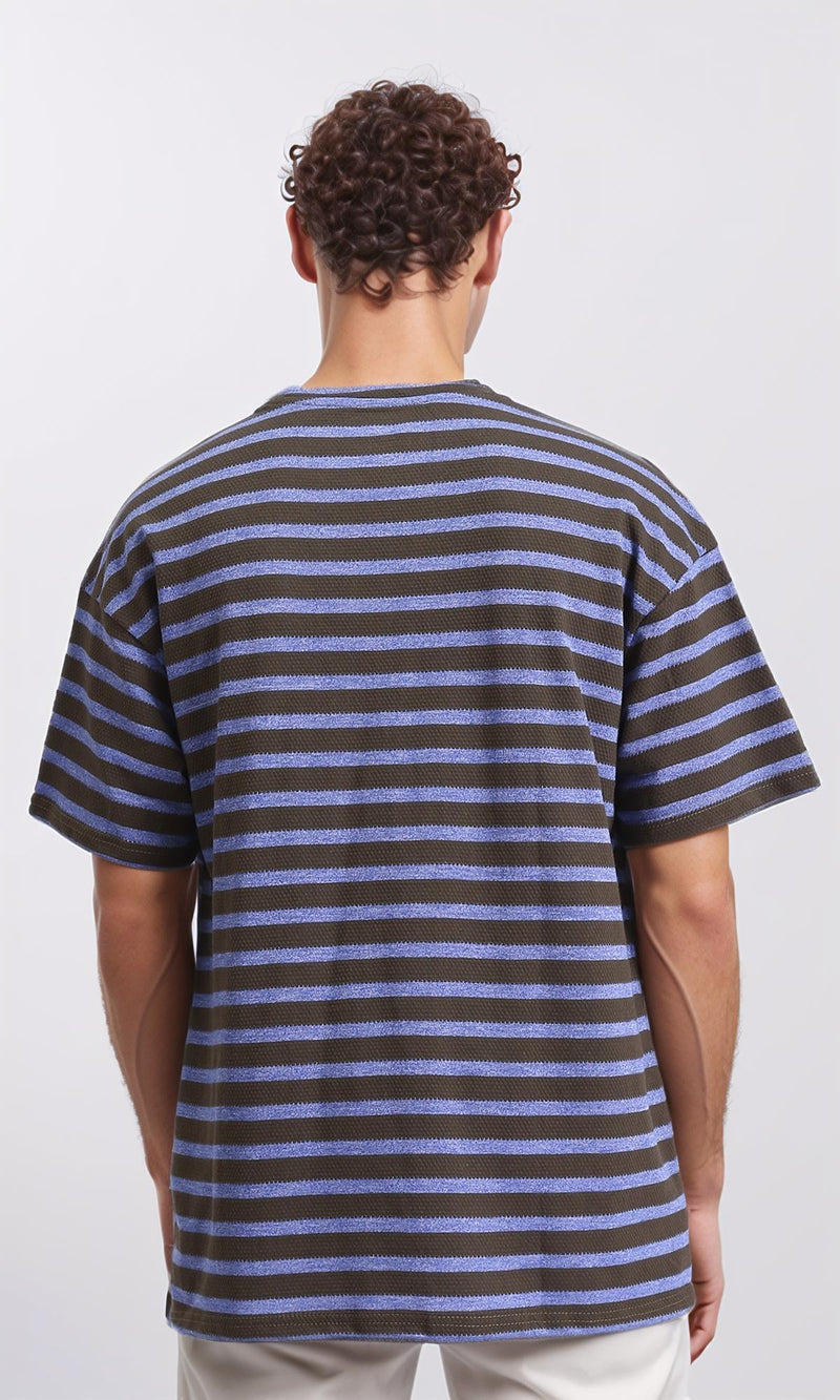 R208453 - Round Neck Striped Relaxed Tee - Dark Brown & Steel Blue