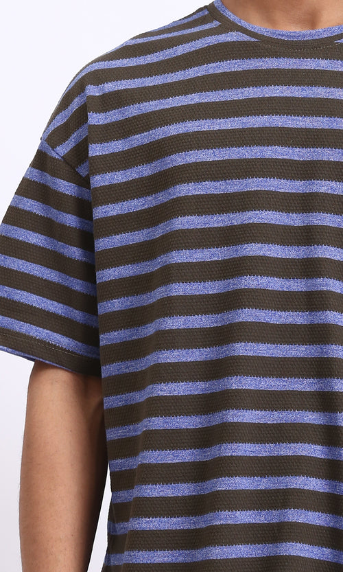 R208453 - Round Neck Striped Relaxed Tee - Dark Brown & Steel Blue