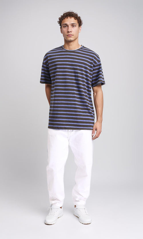 R208453 - Round Neck Striped Relaxed Tee - Dark Brown & Steel Blue