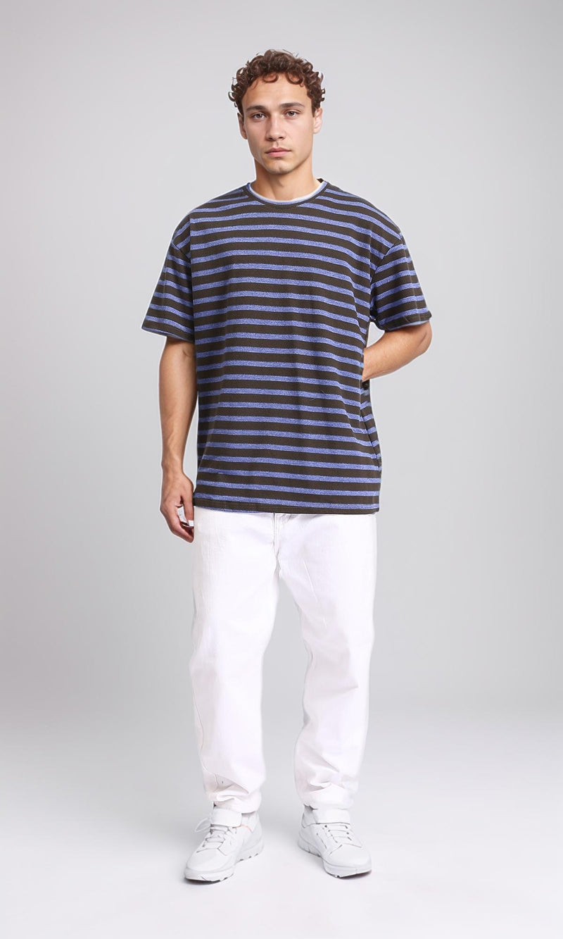 R208453 - Round Neck Striped Relaxed Tee - Dark Brown & Steel Blue
