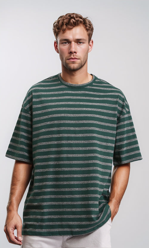 Elbow Sleeves Relaxed Striped Tee - Dark Green & Grey