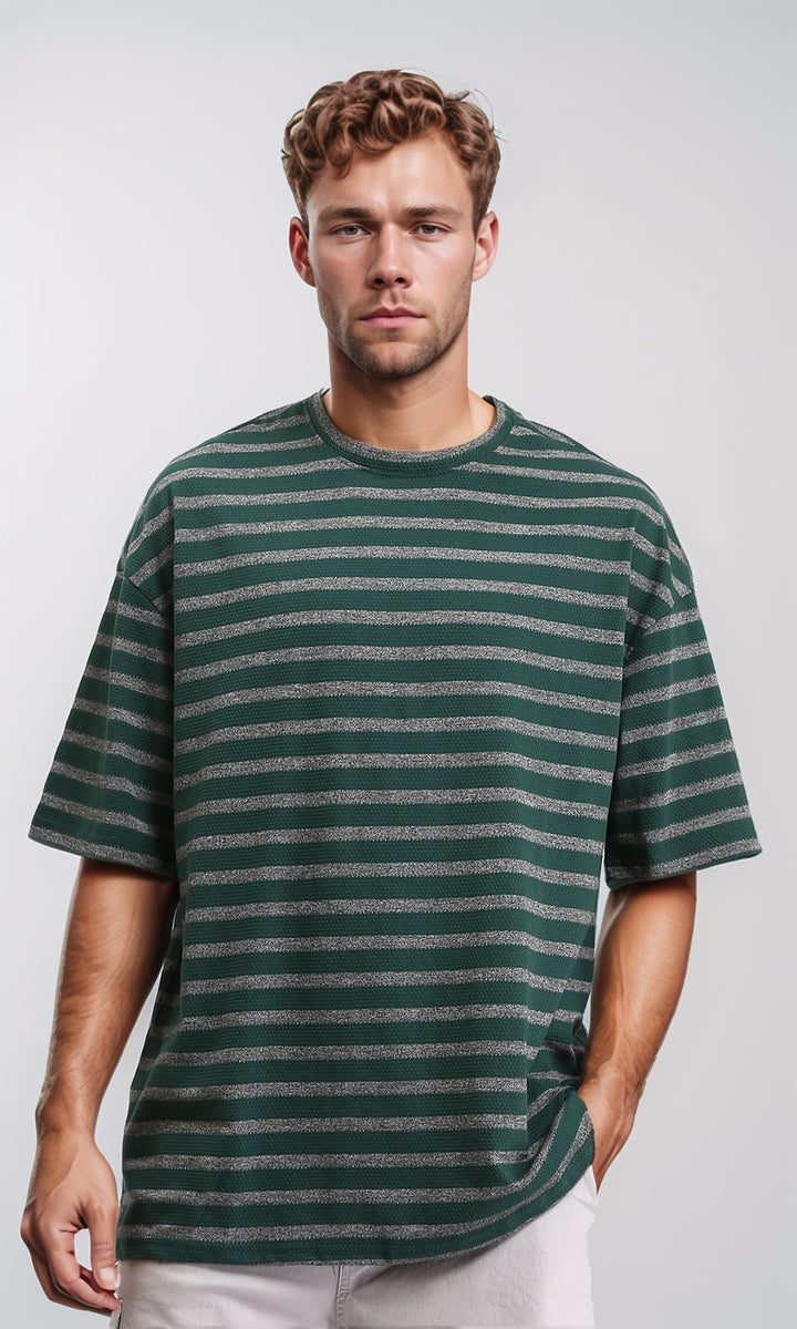 Elbow Sleeves Relaxed Striped Tee - Dark Green & Grey