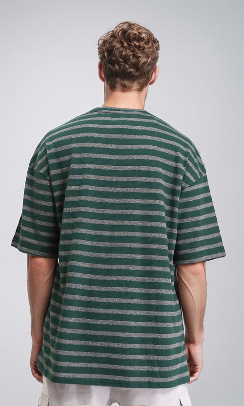R208454 - Elbow Sleeves Relaxed Striped Tee - Dark Green & Grey