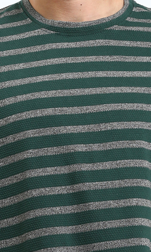 R208454 - Elbow Sleeves Relaxed Striped Tee - Dark Green & Grey
