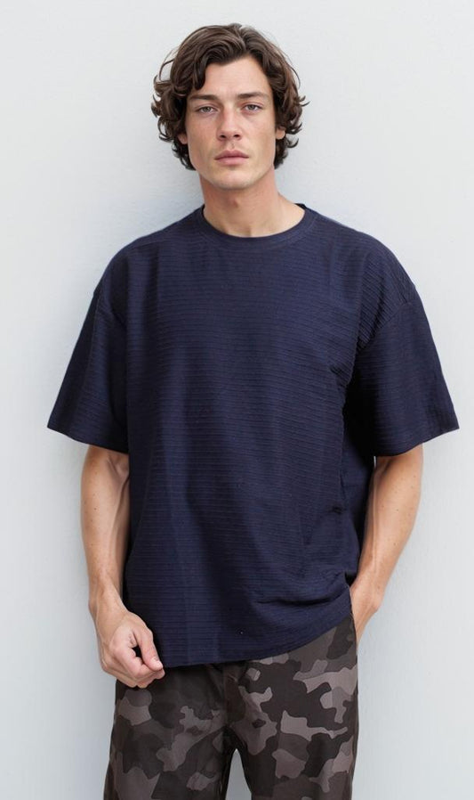 R208455 - Jacquard Textured Oversized T-Shirt - Navy Blue