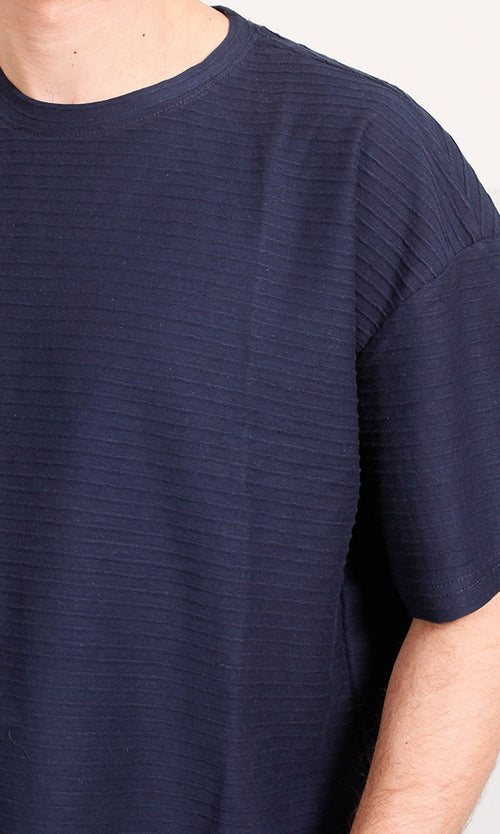 R208455 - Jacquard Textured Oversized T-Shirt - Navy Blue