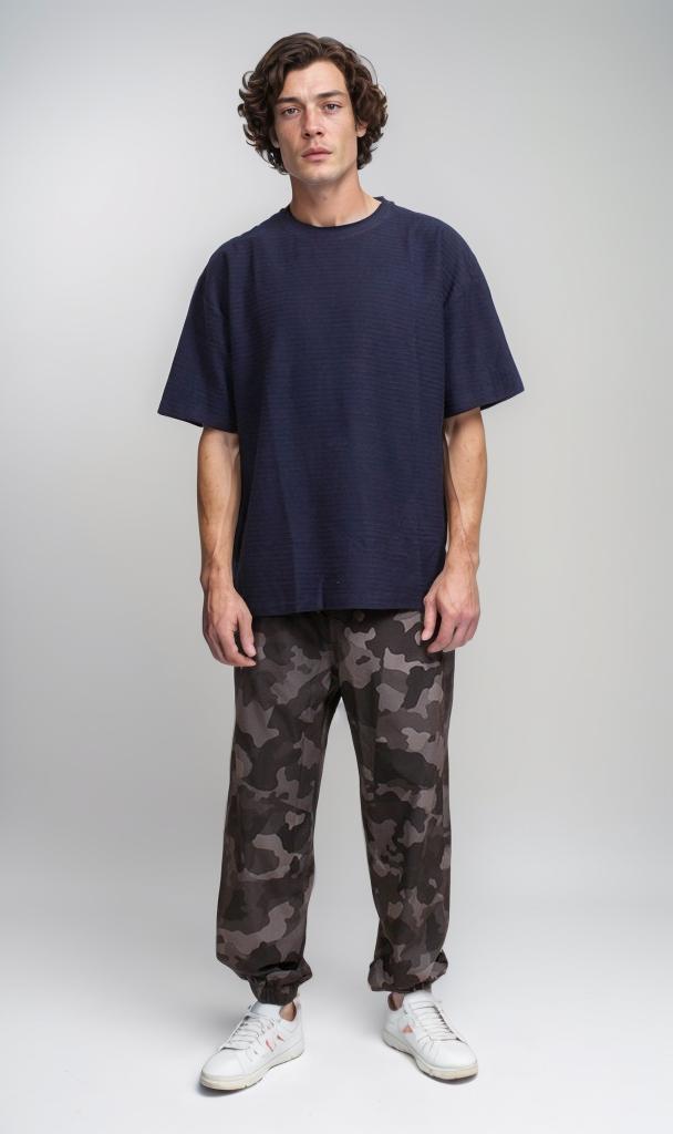 R208455 - Jacquard Textured Oversized T-Shirt - Navy Blue