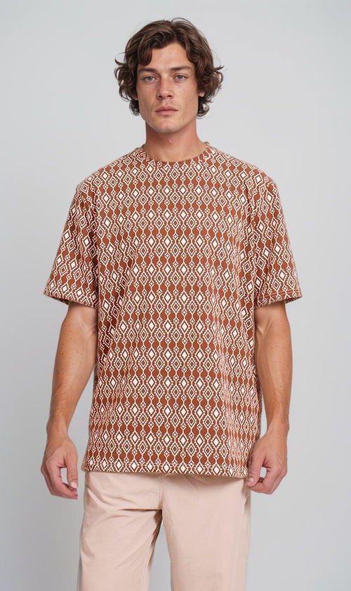 Patterned Oversized T-Shirt - Brown & White