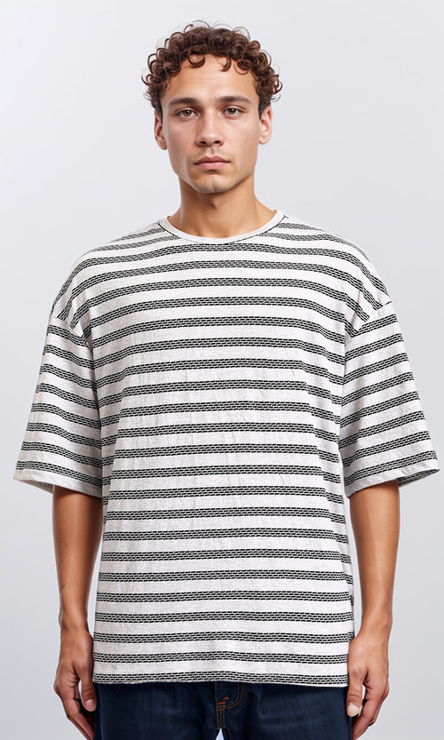 R208463 - Crew Neck Striped Cotton Tee - Heather Grey & Black