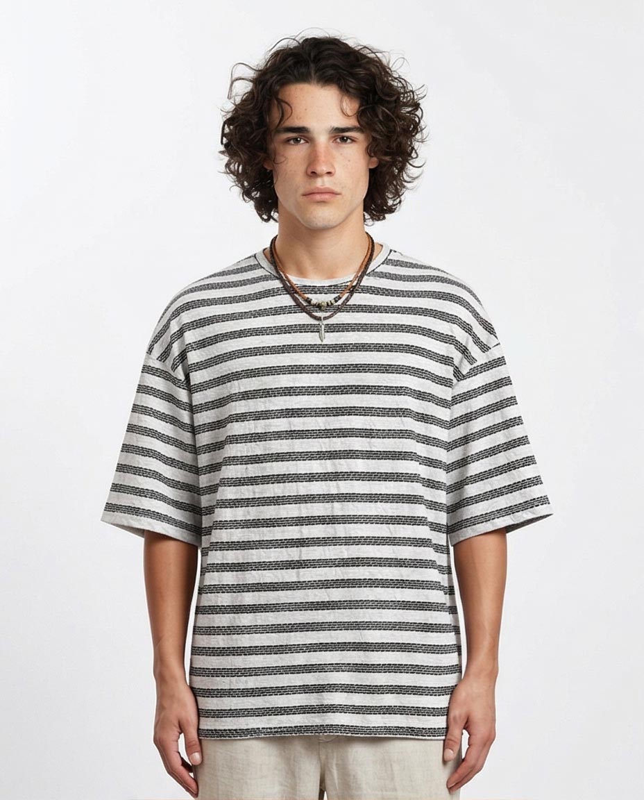 Man wearing a striped shirt on a white background