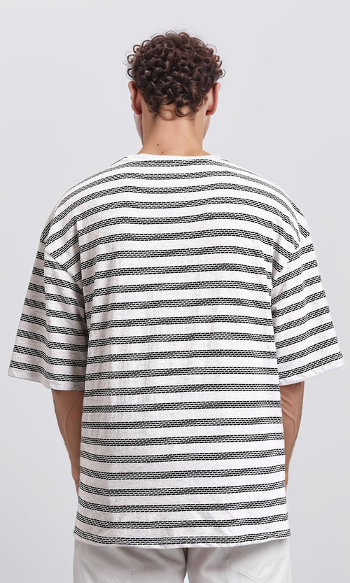 R208463 - Crew Neck Striped Cotton Tee - Heather Grey & Black
