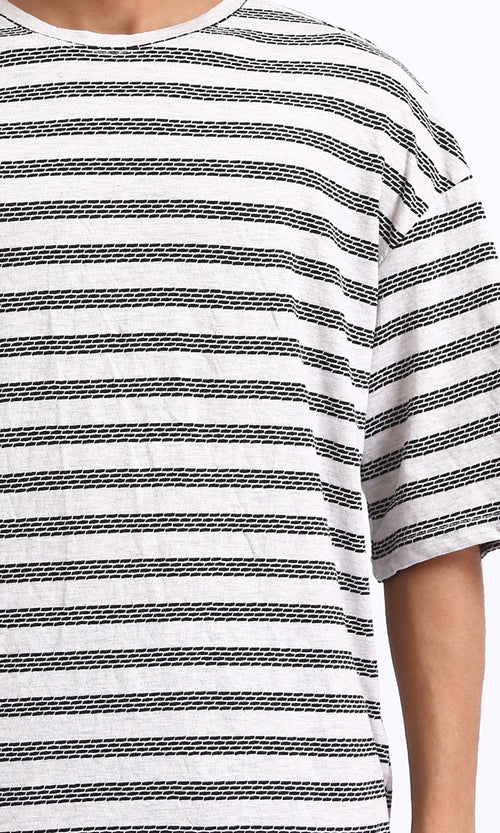 R208463 - Crew Neck Striped Cotton Tee - Heather Grey & Black