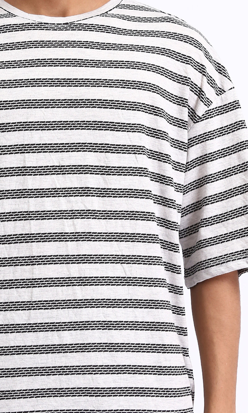 R208463 - Crew Neck Striped Cotton Tee - Heather Grey & Black