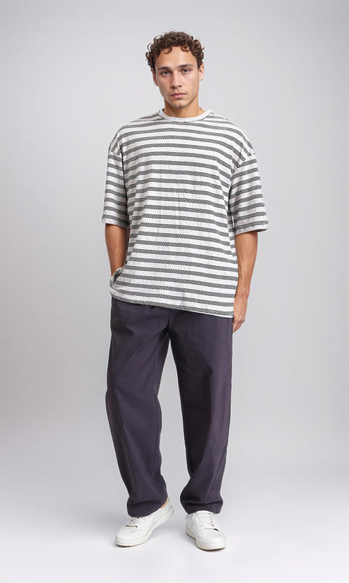 R208463 - Crew Neck Striped Cotton Tee - Heather Grey & Black