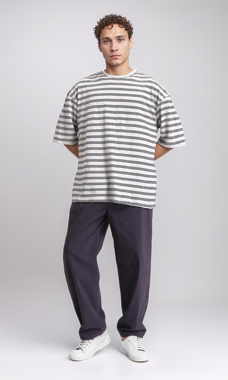 R208463 - Crew Neck Striped Cotton Tee - Heather Grey & Black