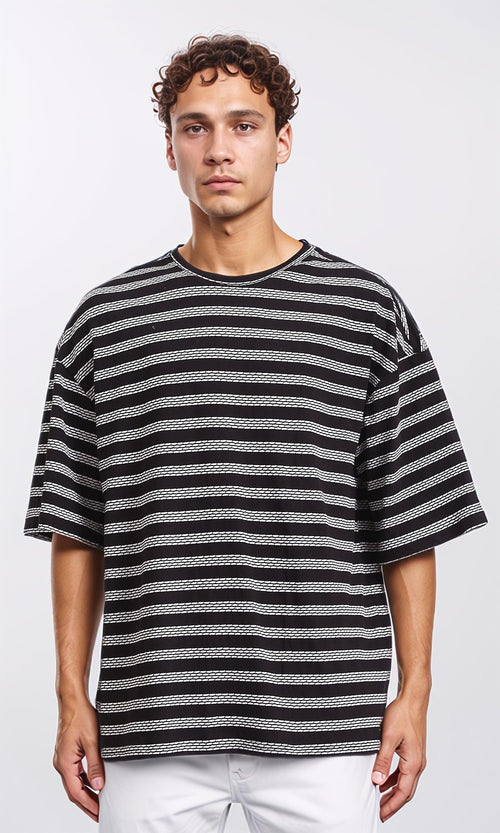R208465 - Crew Neck Striped Cotton Tee - Black & White