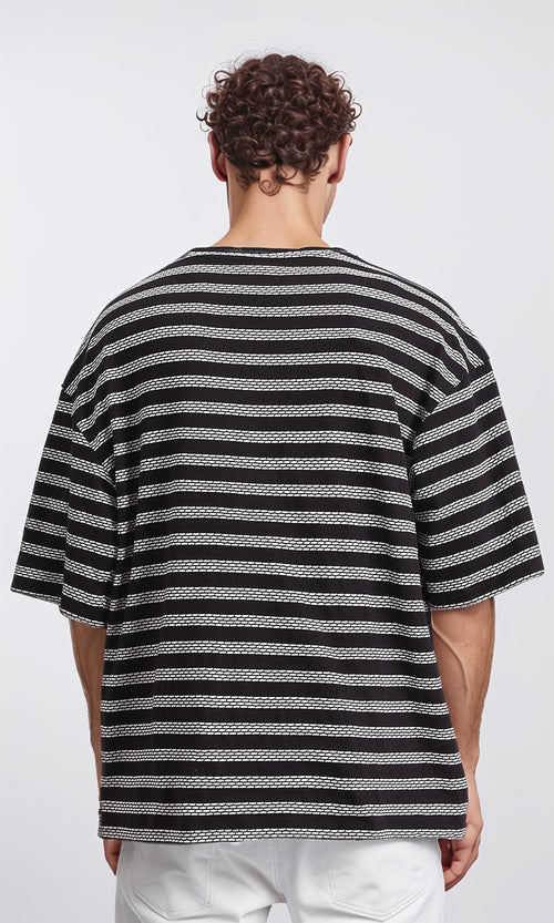 R208465 - Crew Neck Striped Cotton Tee - Black & White