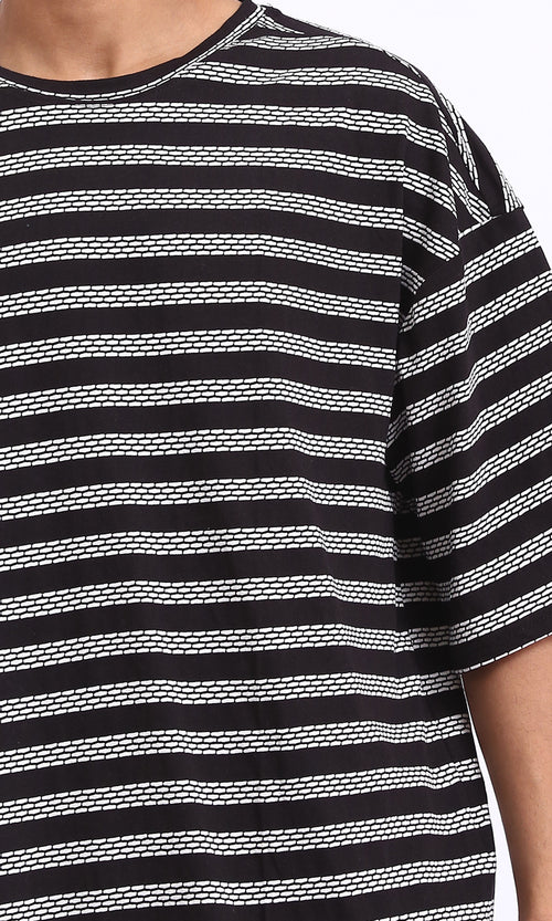 R208465 - Crew Neck Striped Cotton Tee - Black & White
