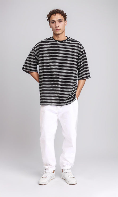R208465 - Crew Neck Striped Cotton Tee - Black & White