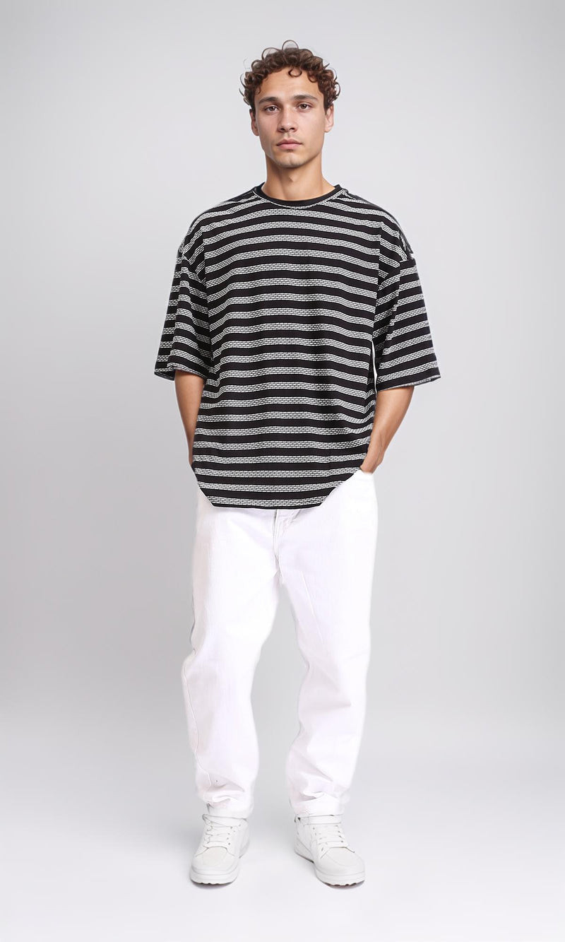R208465 - Crew Neck Striped Cotton Tee - Black & White