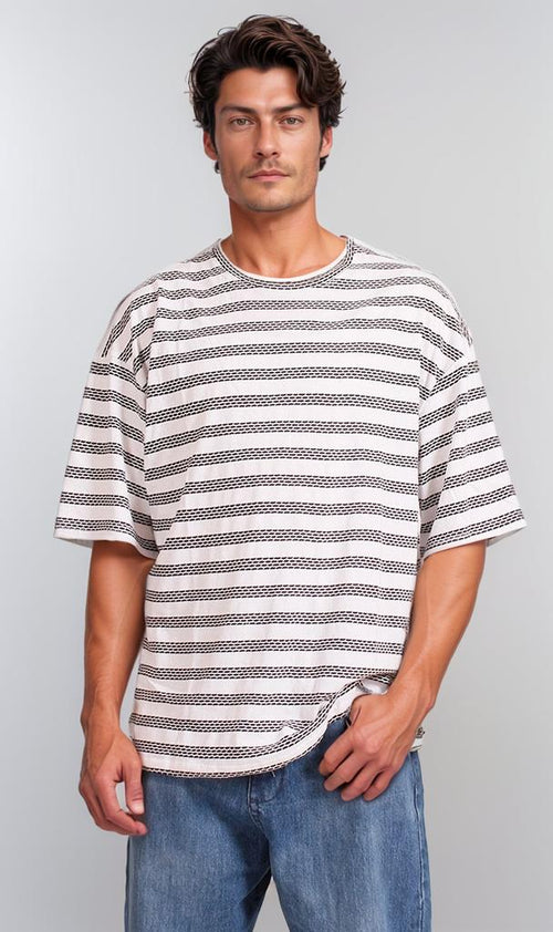 R208466 - Jacquard Striped T-Shirt - Off White & Black