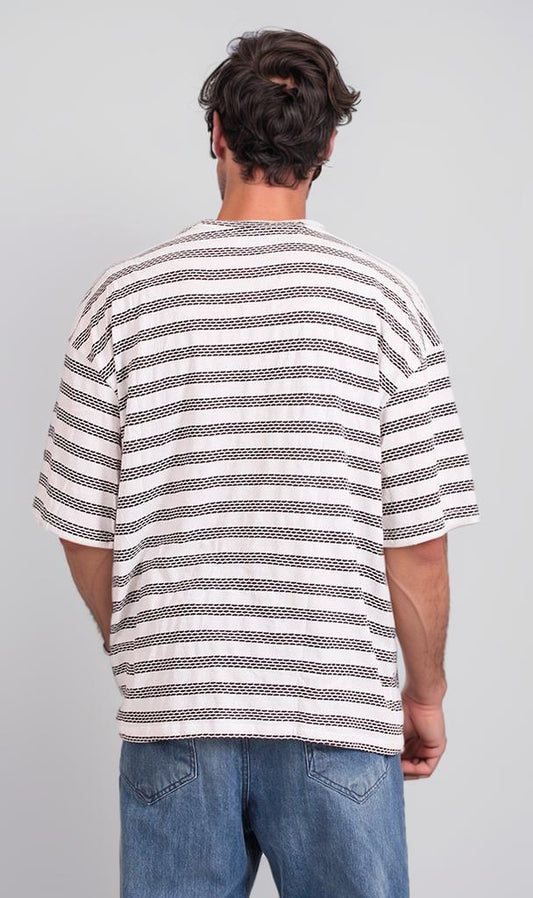 R208466 - Jacquard Striped T-Shirt - Off White & Black