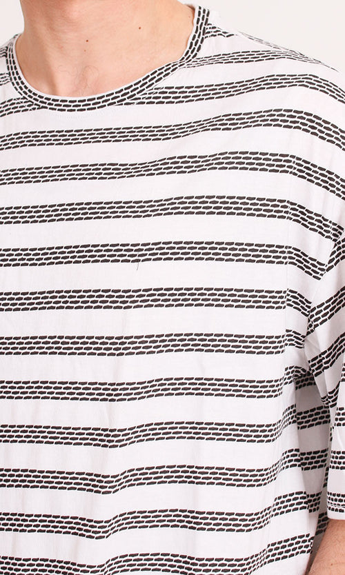 R208466 - Jacquard Striped T-Shirt - Off White & Black