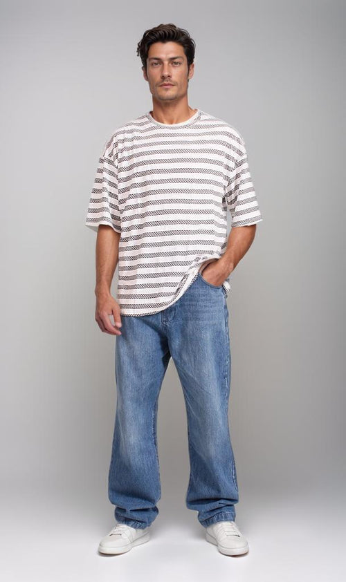 R208466 - Jacquard Striped T-Shirt - Off White & Black