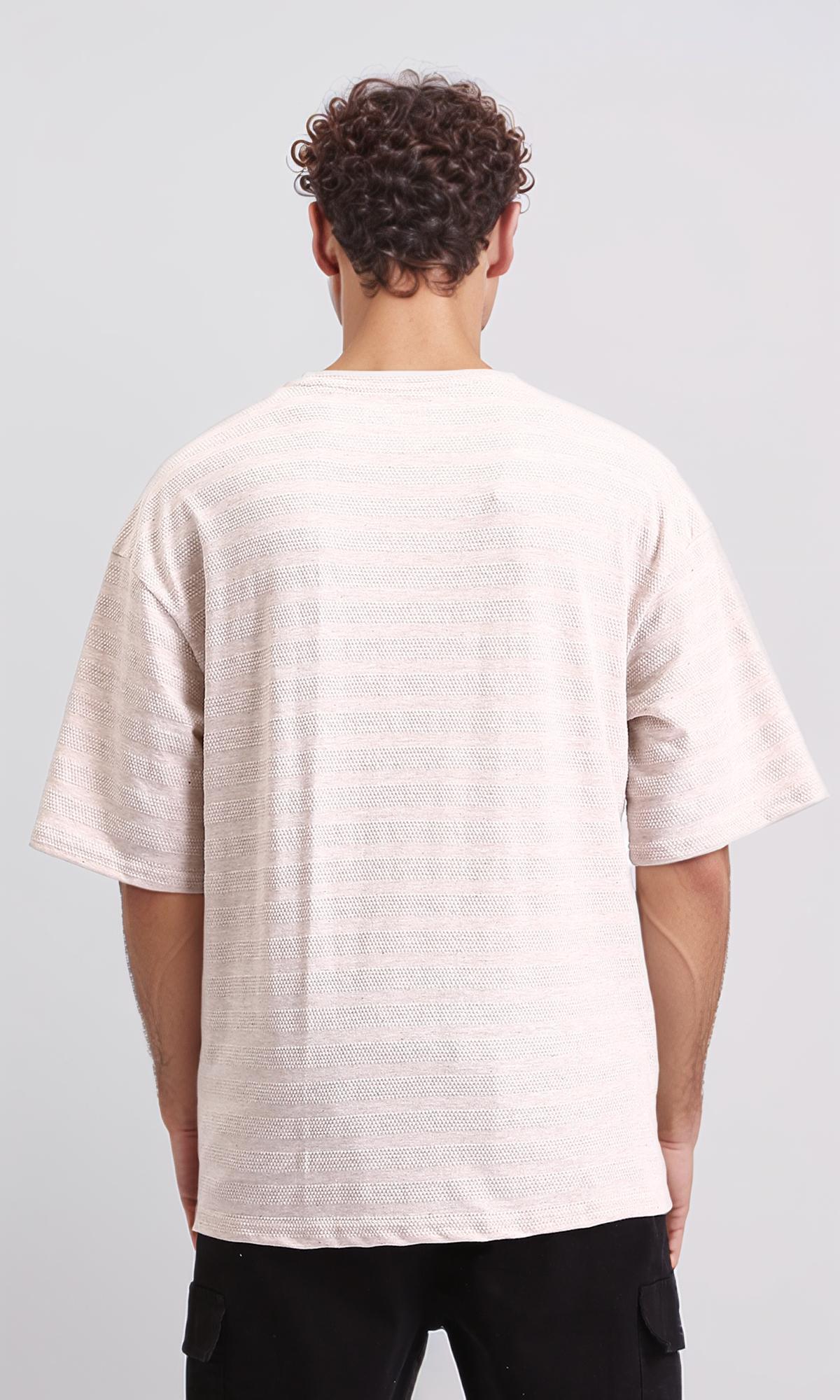 R208467 - Crew Neck Striped Cotton Tee - Beige