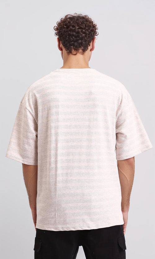 R208467 - Crew Neck Striped Cotton Tee - Beige