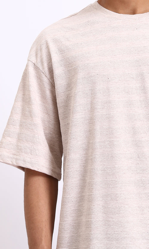 R208467 - Crew Neck Striped Cotton Tee - Beige