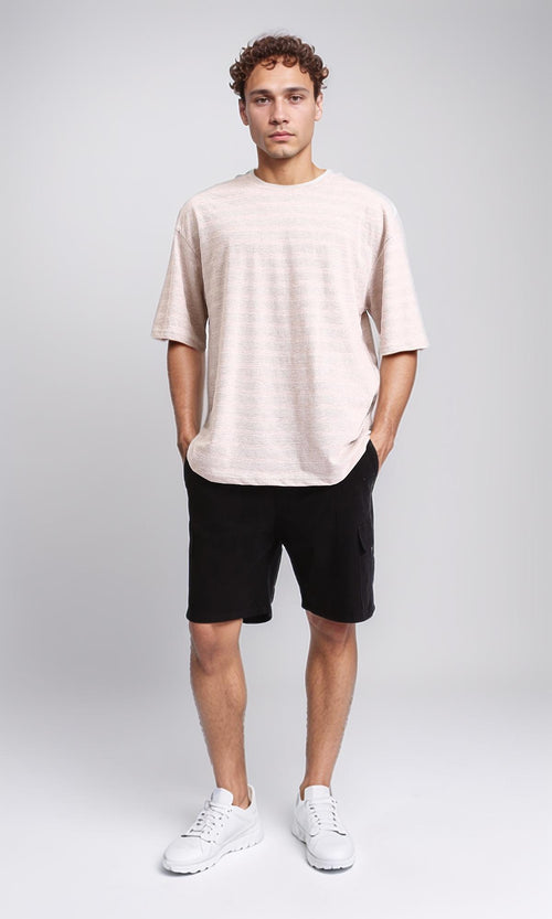 R208467 - Crew Neck Striped Cotton Tee - Beige