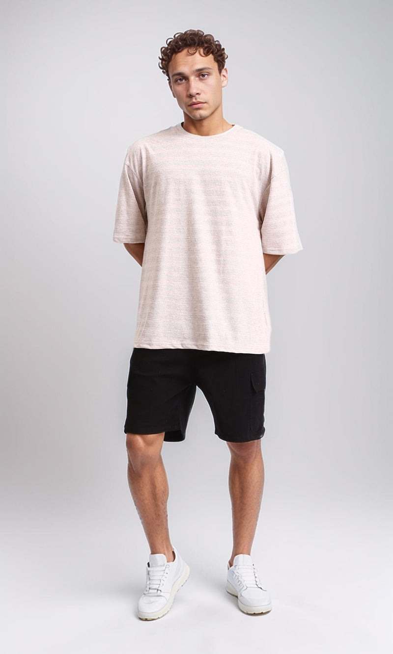 R208467 - Crew Neck Striped Cotton Tee - Beige