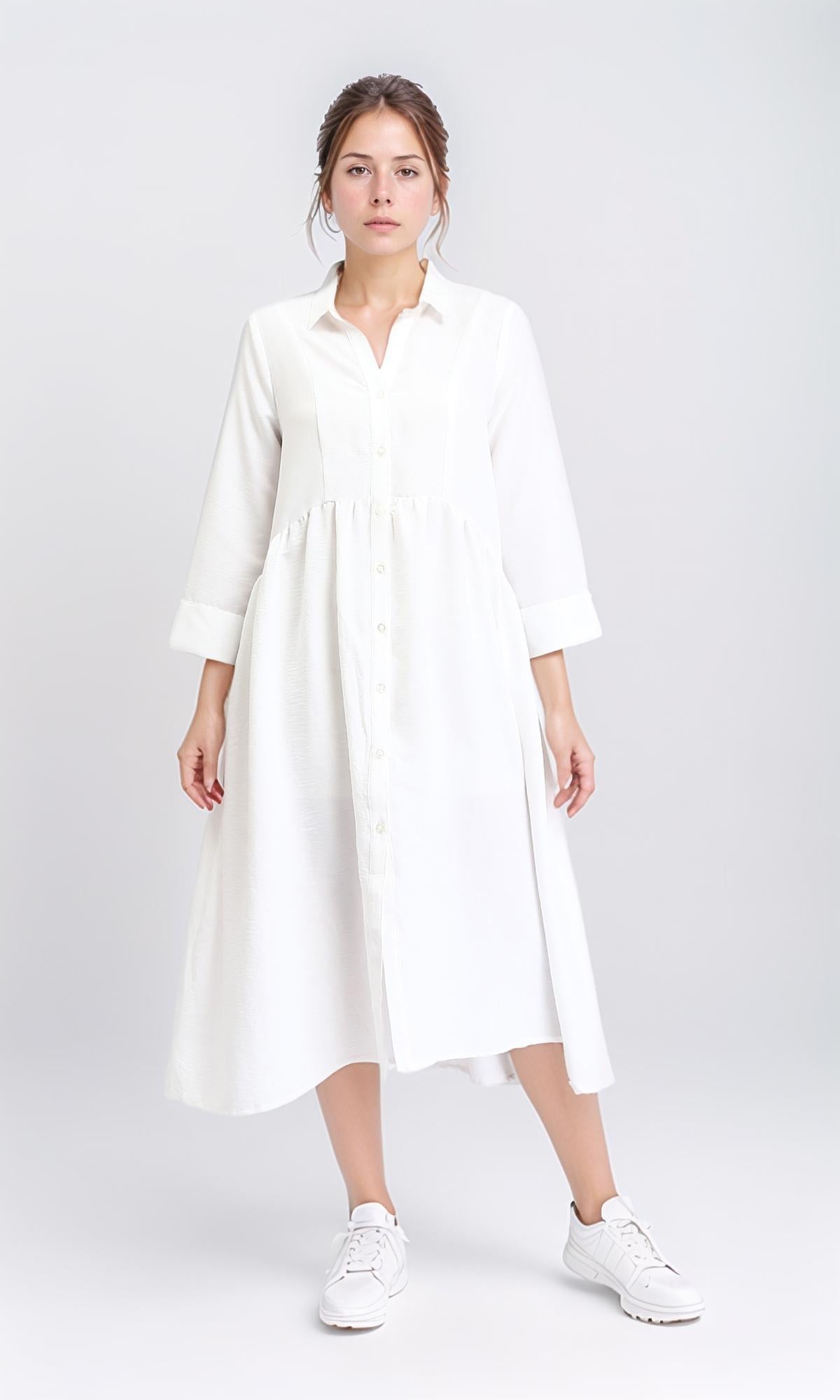 Open V-Neck Buttoned Midi Dress - White