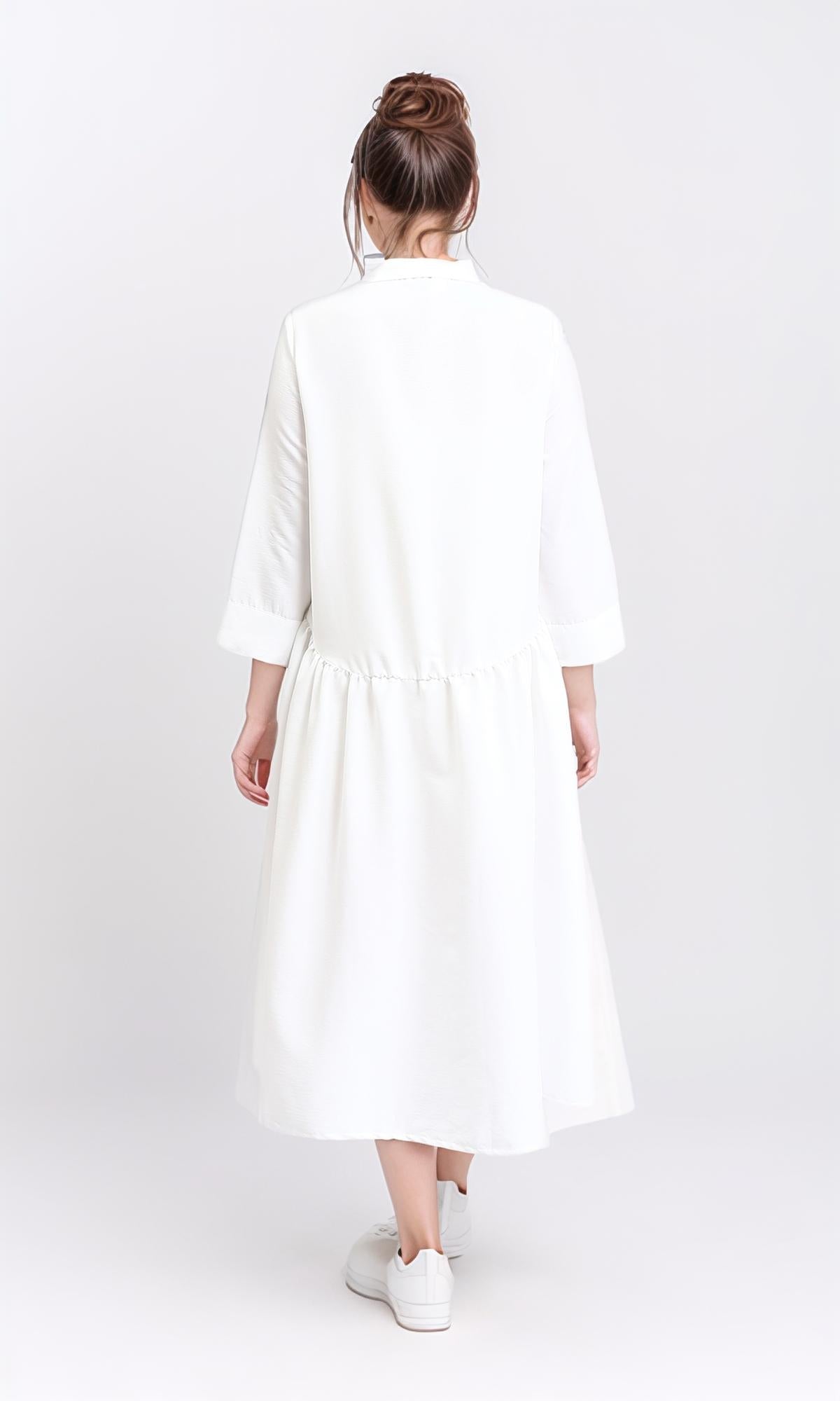 R208470 - Open V-Neck Buttoned Midi Dress - White