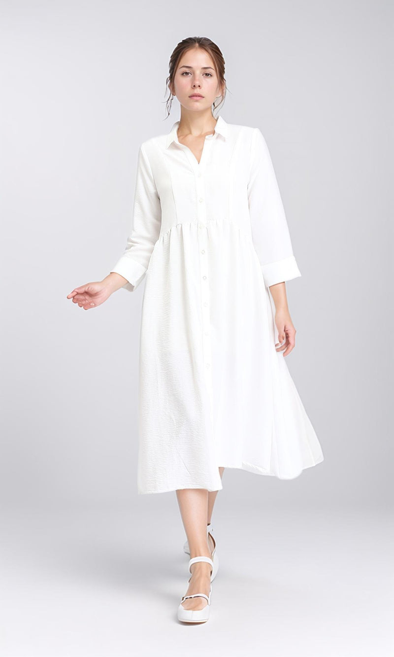 R208470 - Open V-Neck Buttoned Midi Dress - White