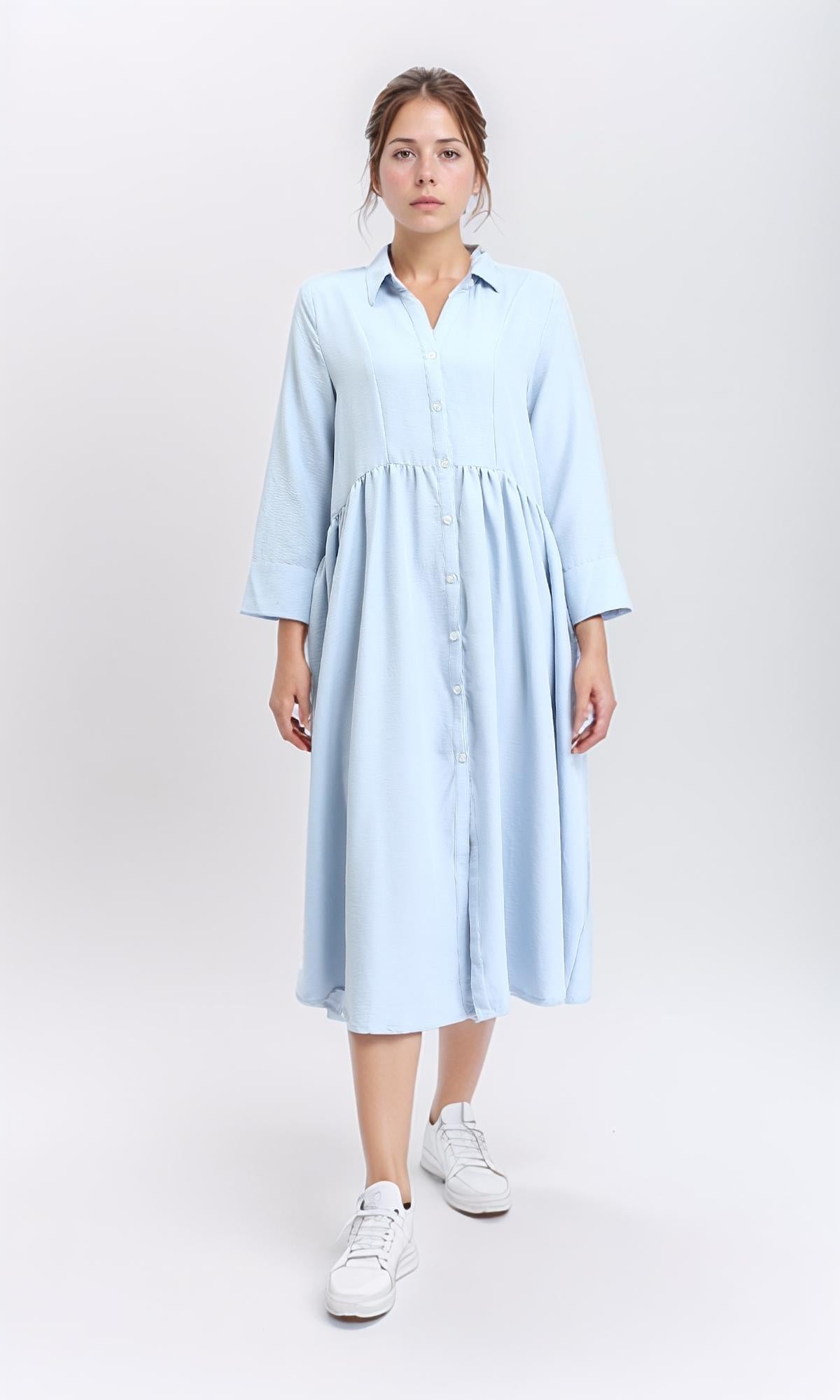Open V-Neck Buttoned Midi Dress - Light Blue