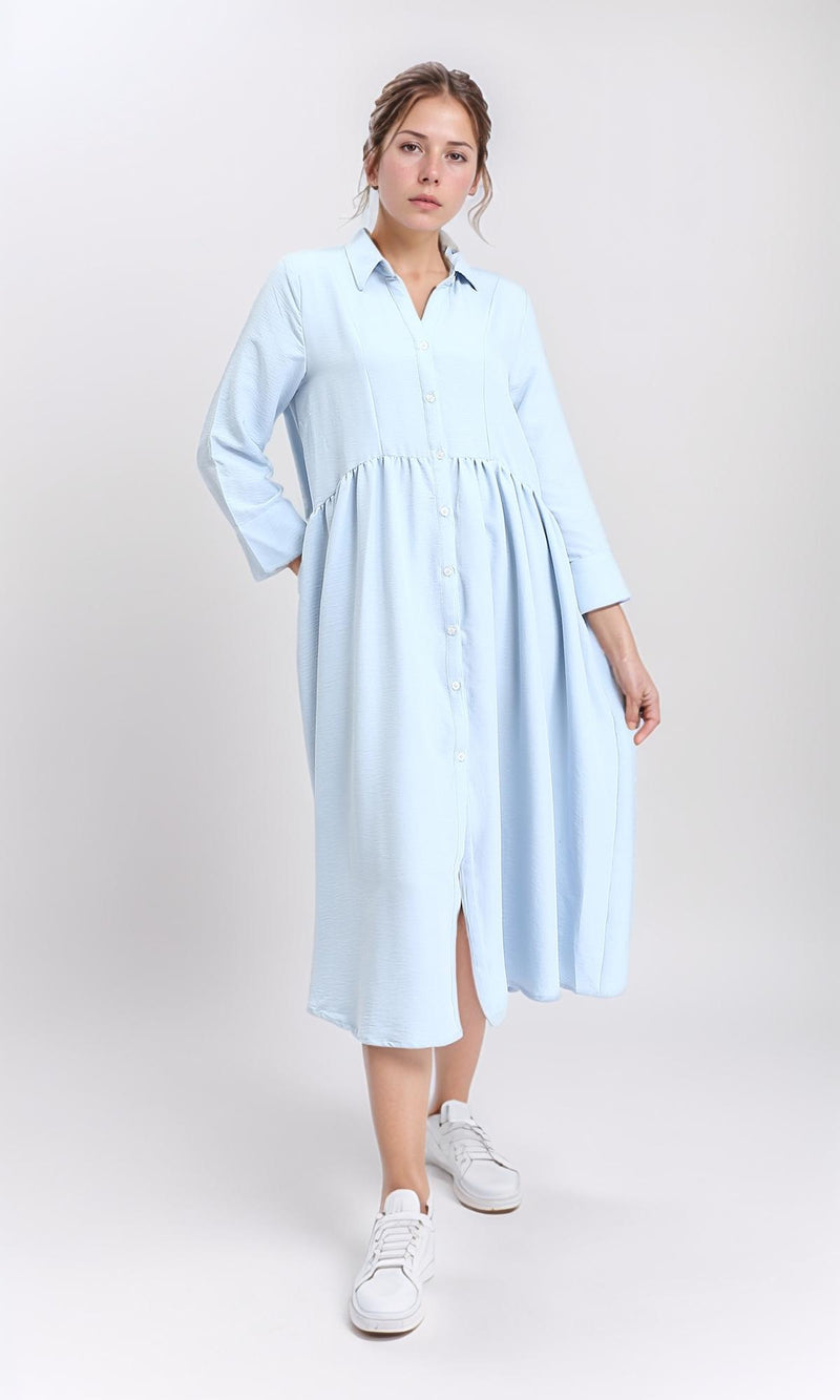 R208471 - Open V-Neck Buttoned Midi Dress - Light Blue