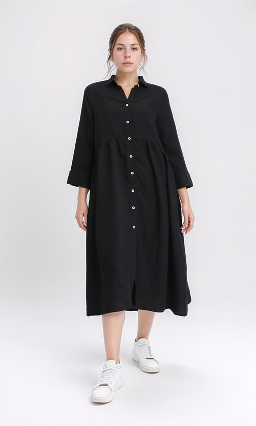 R208472 - Open V-Neck Buttoned Midi Dress - Black