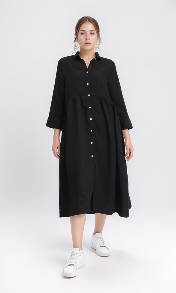 R208472 - Open V-Neck Buttoned Midi Dress - Black