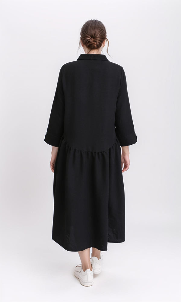 R208472 - Open V-Neck Buttoned Midi Dress - Black