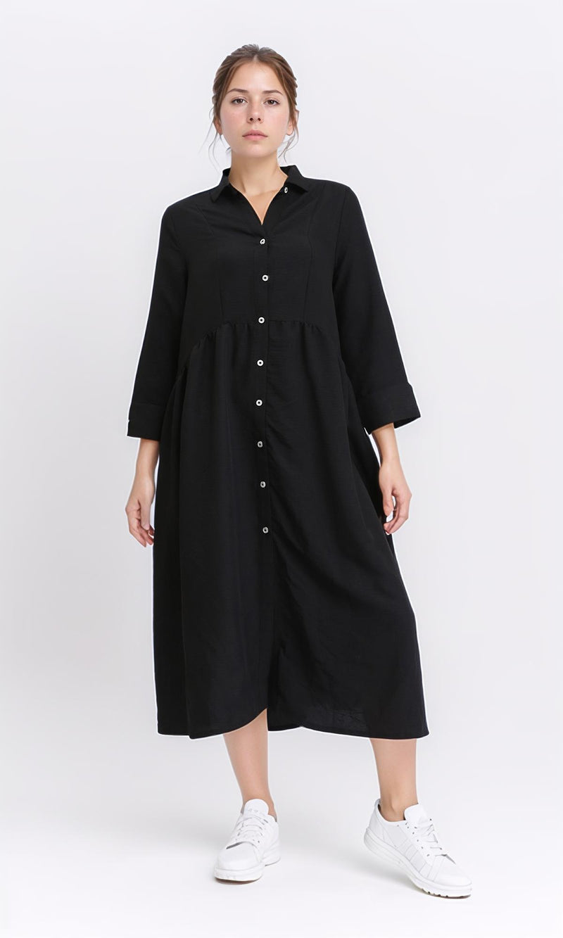 R208472 - Open V-Neck Buttoned Midi Dress - Black
