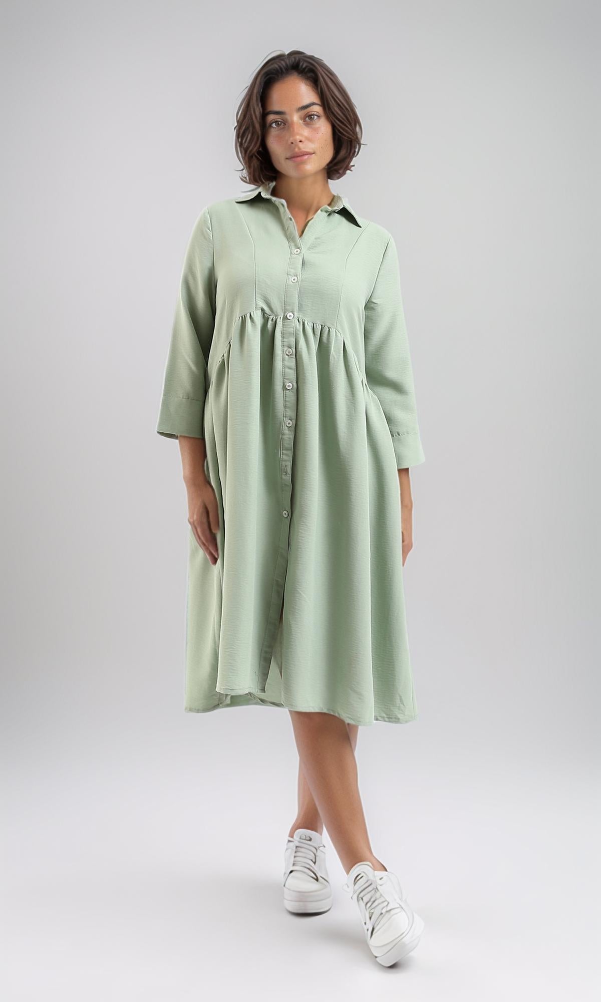 3/4 Sleeves Summer Buttoned Dress - Dark Mint Green