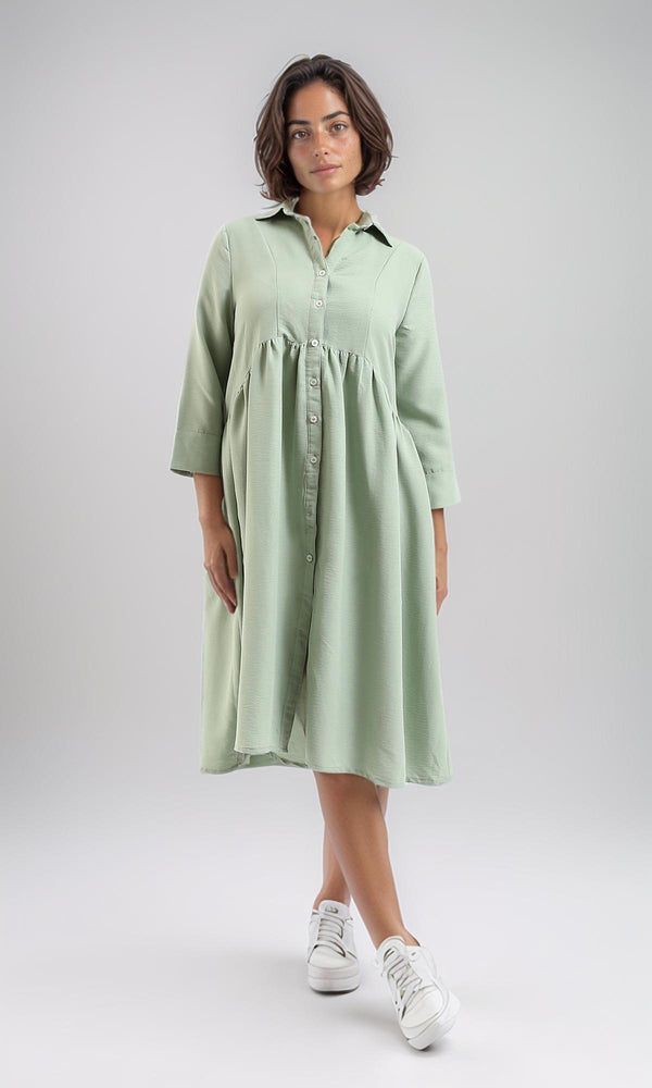 R208473-3/4 Sleeves Summer Buttoned Dress - Dark Mint Green